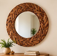 Round Woven Wood <b>Wall</b> <b>Mirror</b> with Traditional Handmade Eco-Friendly Frame for Home Decor in Bathroom Living Room & <b>Bedroom</b> - Product Image 1