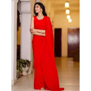 Vestido de lujo rojo cómodo tipo sarí de crepé arrugado, satén y lino de 220g, corte imperio con cintura natural, cuello barco, talla XS - Product Image 2