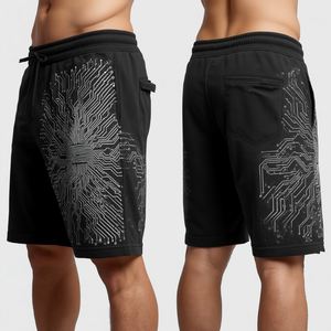 Shorts Bermuda pour Homme Noir à Imprimé Circuit, Taille à Cordon, Poches, Tenue Décontractée, Taille Mi-Haute, Tissu Tricoté Respirant - Product Image 1