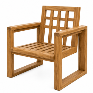 Chaise de jardin extérieure contemporaine en teck massif, durable, écologique, imperméable, avec dossier à grille géométrique pour patio et parc - Product Image 3