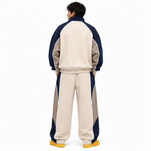 Conjunto de Sudadera con Capucha Holgada de Bloques de Color con Cierre de Cremallera y Pantalones de Chándal de Algodón Personalizados con Cordón y Ribete para Hombre - Product Image 2