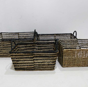 Rustic Seagrass Storage <b>Basket</b> Two Tone Woven Organizer Bin with Handles for Laundry <b>Nursery</b> Bathroom - Product Image 1