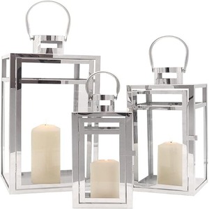 Set of 3 Stainless Steel <b>Candle</b> <b>Lantern</b> Metal <b>Outdoor</b> <b>Candle</b> Holder Decorative Hanging <b>Lantern</b> with Tempered Glass - Product Image 5
