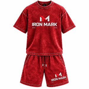 Iron Mark Industries Men's Terry Knitted Cotton T-Shirt <b>Shorts</b> Set V-neck Streetwear Summer Wear Breathable Silk Screen Printed - Product Image 3