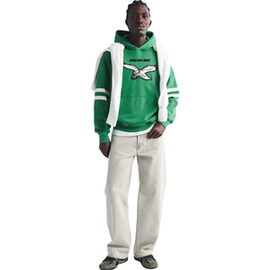 Sweat à capuche unisexe vert personnalisé style universitaire avec manches patchwork, logo oiseau, streetwear, 100% coton, poche surdimensionnée, OEM, marque privée - Product Image 6