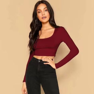 Womens Long Sleeve <b>Crop</b> <b>Top</b> Solid <b>Red</b> Slim Fit Stretch Fabric Casual Fashion Streetwear - Product Image 1