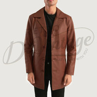 Manteau trench en cuir marron pour homme, coupe ajustée, long, en peau de mouton véritable, veste décontractée et professionnelle, vêtement d'extérieur classique