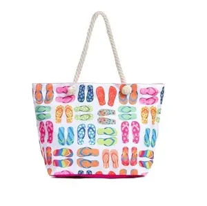 Wholesale Large Capacity Cotton Canvas Tote Bag with Custom Logo Ocean Beach Shoulder Accessories with Zipper and Two Handles