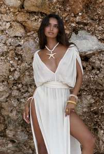 Robe longue de plage en gaze de coton blanc artisanale, col en V profond, coton biologique respirant de qualité supérieure, pour femmes - Product Image 2