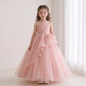 Robe de demoiselle d'honneur Celestique de luxe rose blush à une épaule, corsage plissé, nœud surdimensionné, en tulle, style princesse, robe de bal - Product Image 4
