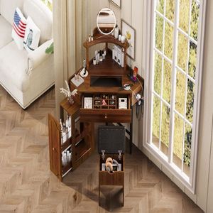 Corner <b>Makeup</b> <b>Vanity</b> Desk Set with Storage Cushioned Stool & Charging Station Triangle Removable Pull-out Side Cab - Product Image 5