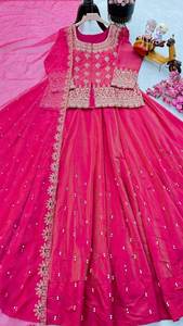 Premium <b>Pink</b> Roman <b>Silk</b> Lehenga Set with Beads & Stone Embroidered <b>Top</b> and Net Dupatta – Elegant Festive Wear - Product Image 5