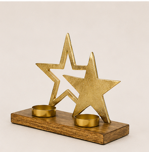 Modern Luxury Gold Aluminum Star Candle Holder Set On Rustic Wooden Base Premium <b>Christmas</b> Holiday Table Decor & Tealight Stand - Product Image 1