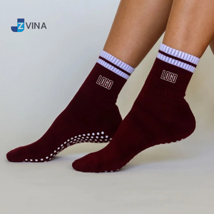 Custom LOGO Crew Pilates <b>Socks</b> Bottom Burgundy Color Stripes Design Dual Direction Inside Grip <b>Women</b> Anti Slip Yoga Barre Daily - Product Image 5