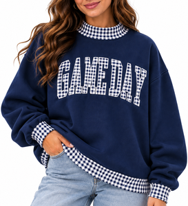 Sudadera Oversize de Cuello Alto para Mujer, 100% Algodón, con Estampado de Guingán Personalizado y Hombros Caídos, Ropa al por Mayor - Product Image 1
