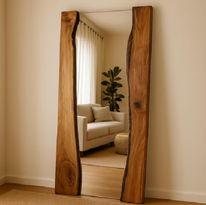Espejo de cuerpo entero geométrico de madera clara, espejo de pie tallado, disponible a precios de mayorista. - Product Image 4
