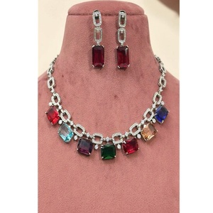 Trendy Silver Plated Alloy Necklace and Earring <b>Set</b> with Emerald Cut <b>Crystal</b> Rhinestone Geometric Design for Women Party Jewelry - Product Image 1
