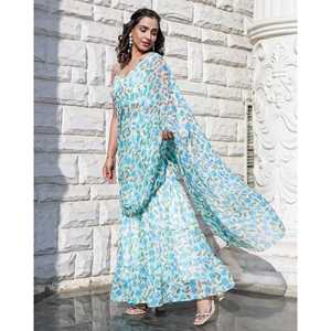 Sari en Georgette et Chiffon Bleu Floral, Doux et Résistant, Toutes Saisons, Élégant, Imprimé avec des Volants - Product Image 1