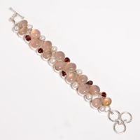 Bracelet en quartz rose naturel, grenat et perles d'eau douce, en argent sterling 925, fait main, avec maillons en pierres précieuses, bijoux pour Noël
