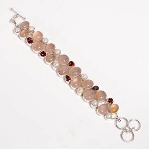 Pulsera de Cuarzo Rosa Natural, Granate y Perla de Agua Dulce, Plata de Ley 925, Hecha a Mano, con Gemas, para Navidad - Product Image 2