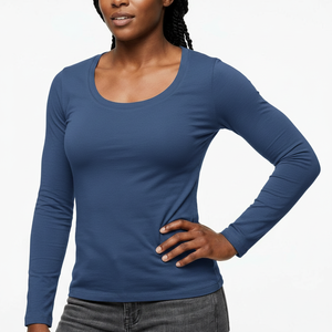 Haut ajusté à manches longues et col rond pour femme, couleur vive, en coton extensible doux et uni, personnalisable OEM, vente en gros, fournisseur en vrac - Product Image 1