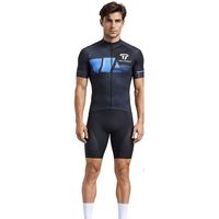 Maillot de cyclisme noir à manches courtes pour homme avec motif bleu, fermeture éclair intégrale, haut de performance pour le vélo