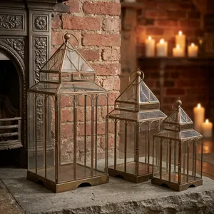 Artisan Design Rectangle <b>Brass</b> and Glass <b>Lantern</b> Set with Candle Holder for Home Decoration - Product Image 1