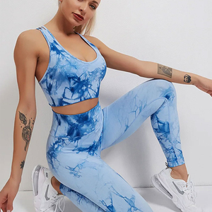 Women's Blue <b>Tie</b> Dye Yoga Set High Waist Leggings Crisscross <b>Back</b> Sports Bra Full Length Activewear Sublimation Print - Product Image 4