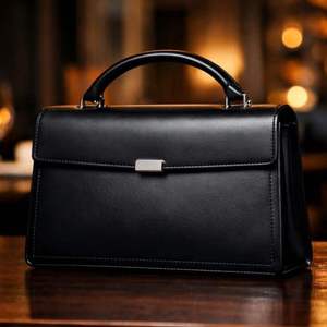 Black Genuine Leather Top Handle Handbag Structured Flap Purse Portable Shoulder <b>Bag</b> for Daily Use - Product Image 2
