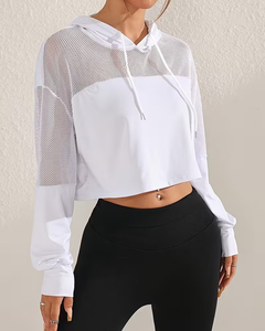 White Women's Hooded Crop Top Long Sleeve Mesh Panel Breathable Casual Sweatshirt Summer Knitted Solid Color - Product Image 3
