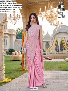 Sari en soie vert menthe élégant avec chemisier brodé, longueur ras du sol, tenue de mariage pour femmes, style Inde Pakistan, toutes saisons - Product Image 3