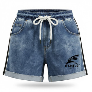 Pantalones Cortos Estilo Denim para Hombre HAMILO, Color Azul Sólido, Cintura con Cordón, Franja Lateral, Ropa Casual, Transpirable y Ligera - Product Image 1