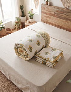 Hand Block Printed Cotton Reversible Indian Floral Print Lightweight Soft <b>Quilt</b> <b>Throw</b> Blanket Kantha Jaipuri Razai Boho 60x90 - Product Image 2