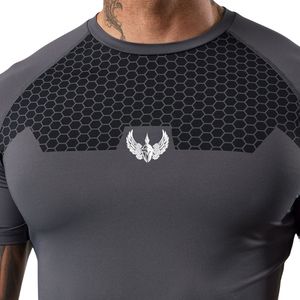 Men’s Charcoal Grey Short Sleeve Compression Training T Shirt Athletic Performance Gym Workout Fitness Sportswear Top - Product Image 3