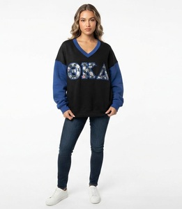 Sudadera Oversize Negra con Cuello en V para Mujer, con Letras OKA con Lentejuelas, Manga Larga, Tejido de Algodón, para Otoño - Product Image 1