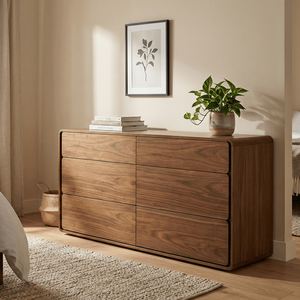Commode autoportante moderne et minimaliste en teck massif Mora avec finition naturelle, 6 tiroirs, pour chambre à coucher, ferme ou salon - Product Image 3