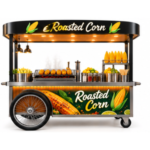 Chariot mobile à trois essieux en acier inoxydable pour la vente de maïs grillé, avec gril et vitrine en verre résistante à la rouille - Product Image 1