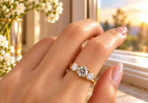 Anillo de compromiso y boda de plata 925 con tres moissanitas redondas de 2.5 quilates y diamantes de oro amarillo - Product Image 4