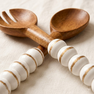 Handcrafted Mango Wood <b>Salad</b> Server Set with White Beaded Handles Eco-Friendly Wooden Serving Spoon and Fork for Kitchen Decor - Product Image 2