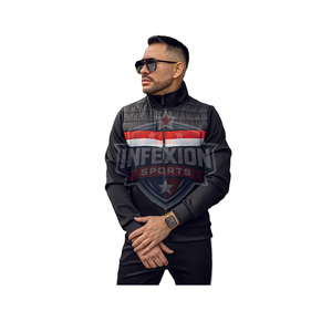 Ensemble de survêtement sportif pour homme noir avec rayures rouges et blanches, sweat à capuche entièrement zippé et poches latérales, en polyester respirant, idéal pour l'automne - Product Image 1