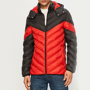 Men's <b>Red</b> Black Color Block Hooded Puffer <b>Jacket</b> Windproof Polyester Winter Coat Casual Outerwear Regular Fit Zipper Closure - Product Image 2