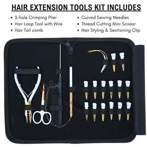 Kit de herramientas para extensiones de cabello de salón con alicate de crimpado de microenlaces de 3 orificios, enhebrador de alambre, tijeras de seccionamiento y agujas de coser - Product Image 2