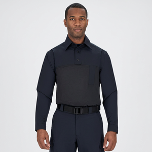 Polo à manches longues pour homme, couleur unie, avec poche, anti-plis, en polyester tissé, coupe classique - Product Image 6