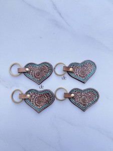 Unique Designer Hand Tooled Leather Key Chain Turquoise Colour Heart-Shaped Key Earrings Hot Sale Light Weight Key <b>Rings</b> - Product Image 1