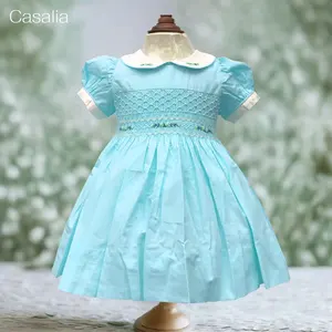 Pretty Baby Girls Hand Smocked Dress in Mint- Customized Hand Made Embroidery Baby Girl A Dress - OEM - ODM - SM230715