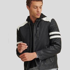 Blouson Homme Personnalisé en Cuir Véritable Noir à Capuche avec Rayures Blanches sur les Manches, Style Racer, Coupe Slim, en Peau de Mouton Souple, Veste Décontractée de Motard - Product Image 3
