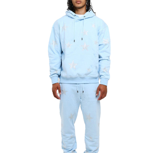 Conjunto Deportivo con Capucha Azul Claro para Hombre, Estampado de Estrellas Brillantes, Ropa Casual de Longitud Completa, 100% Algodón, Estilo Primavera, Corte Regular - Product Image 1