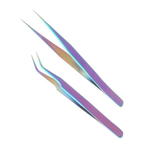 Pince à épiler en acier inoxydable NUMISMA INTERNATIONAL 10 mm, personnalisée, droite et courbée, pour extensions de cils, couleurs arc-en-ciel, modèle 2026 - Product Image 2