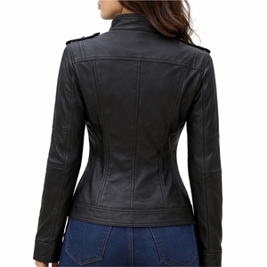 Veste en cuir noir ajustée pour femme avec fermeture éclair intégrale sur le devant, style moto, manches longues, col montant, style streetwear - Product Image 2