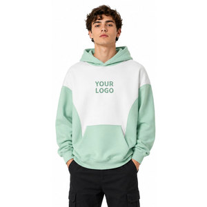 Sudadera con capucha de bloques de color blanco y verde menta, corte oversize, logo frontal con estampado por transferencia térmica, ropa casual de otoño. - Product Image 4